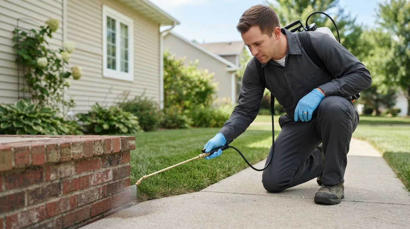 Pest control technician treating a home near New Middletown, OH