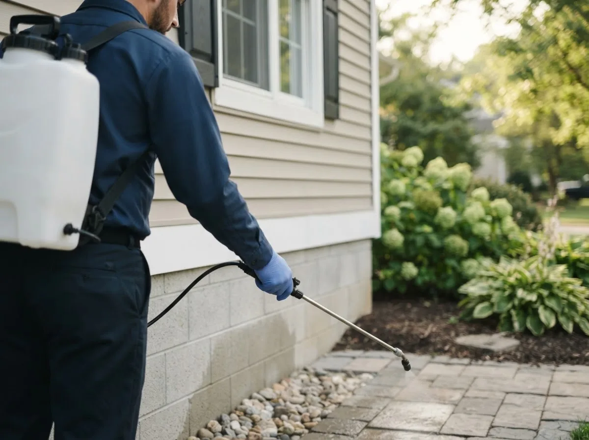 Pest control technician inspecting a home in New Middletown, OH